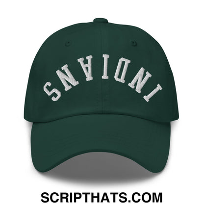 Dark green unstructured dad hat with white embroidered indiana lettering in an arched design for casual wear