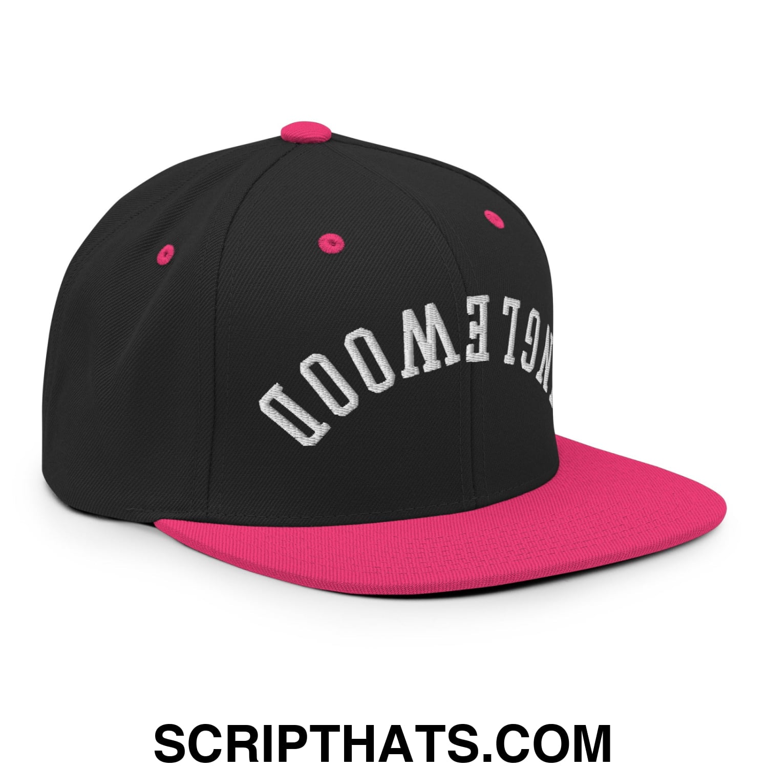 Upside Down Inglewood Embroidered Flat Bill Brim Snapback Hat Black Neon Pink