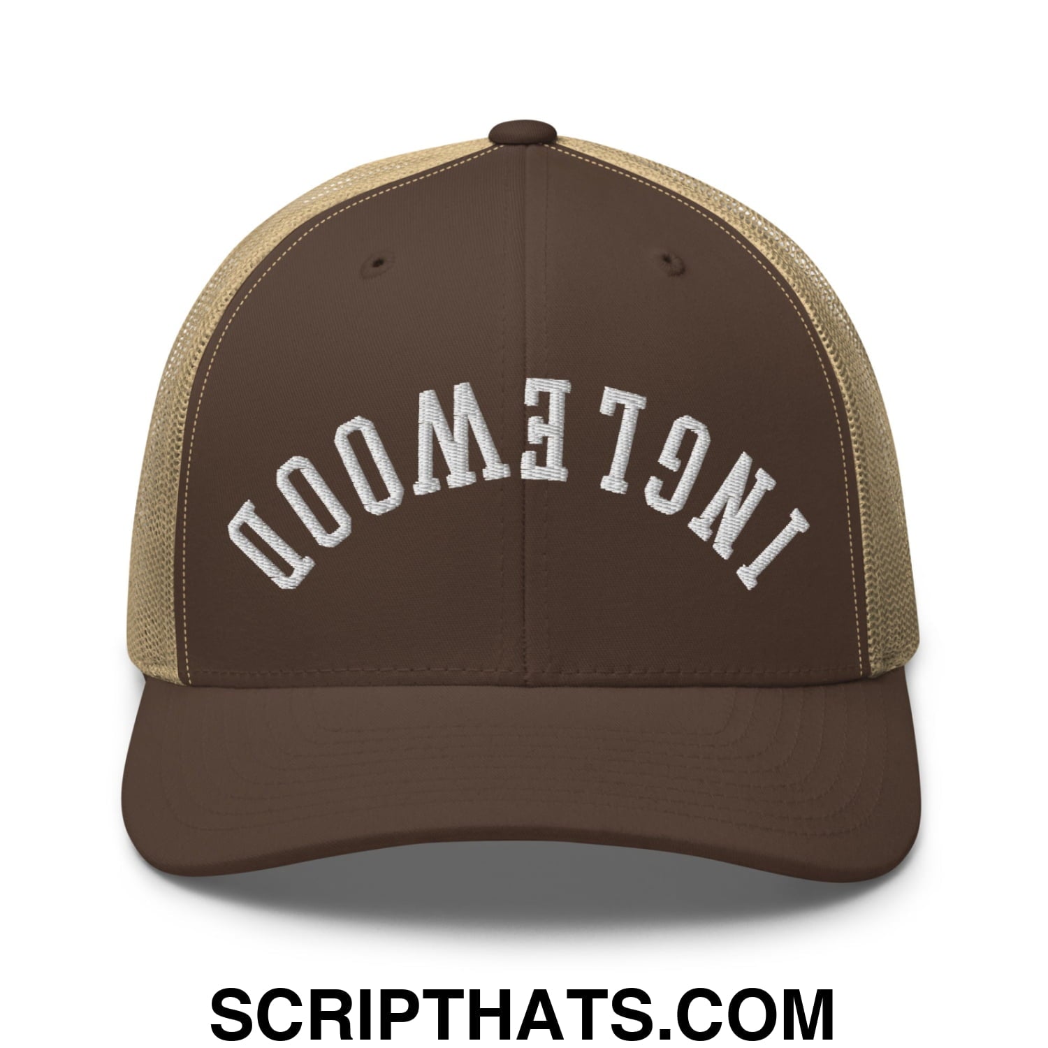 Upside Down Inglewood Embroidered Mesh Trucker Hat Brown Khaki