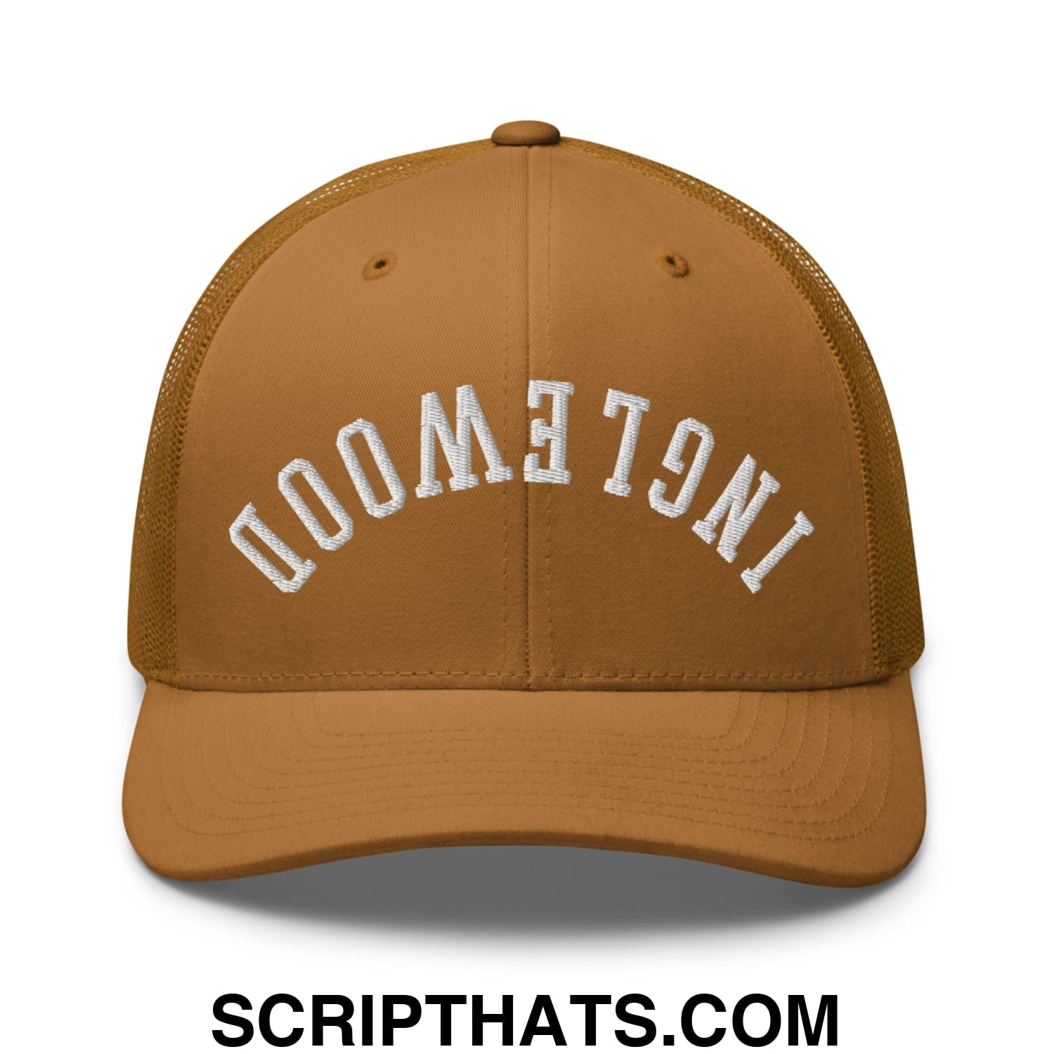 Upside Down Inglewood Embroidered Mesh Trucker Hat Caramel
