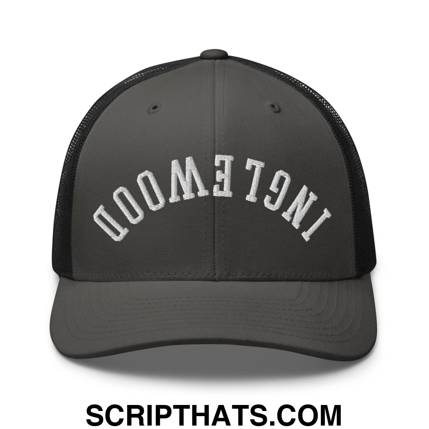 Upside Down Inglewood Embroidered Mesh Trucker Hat Charcoal Black