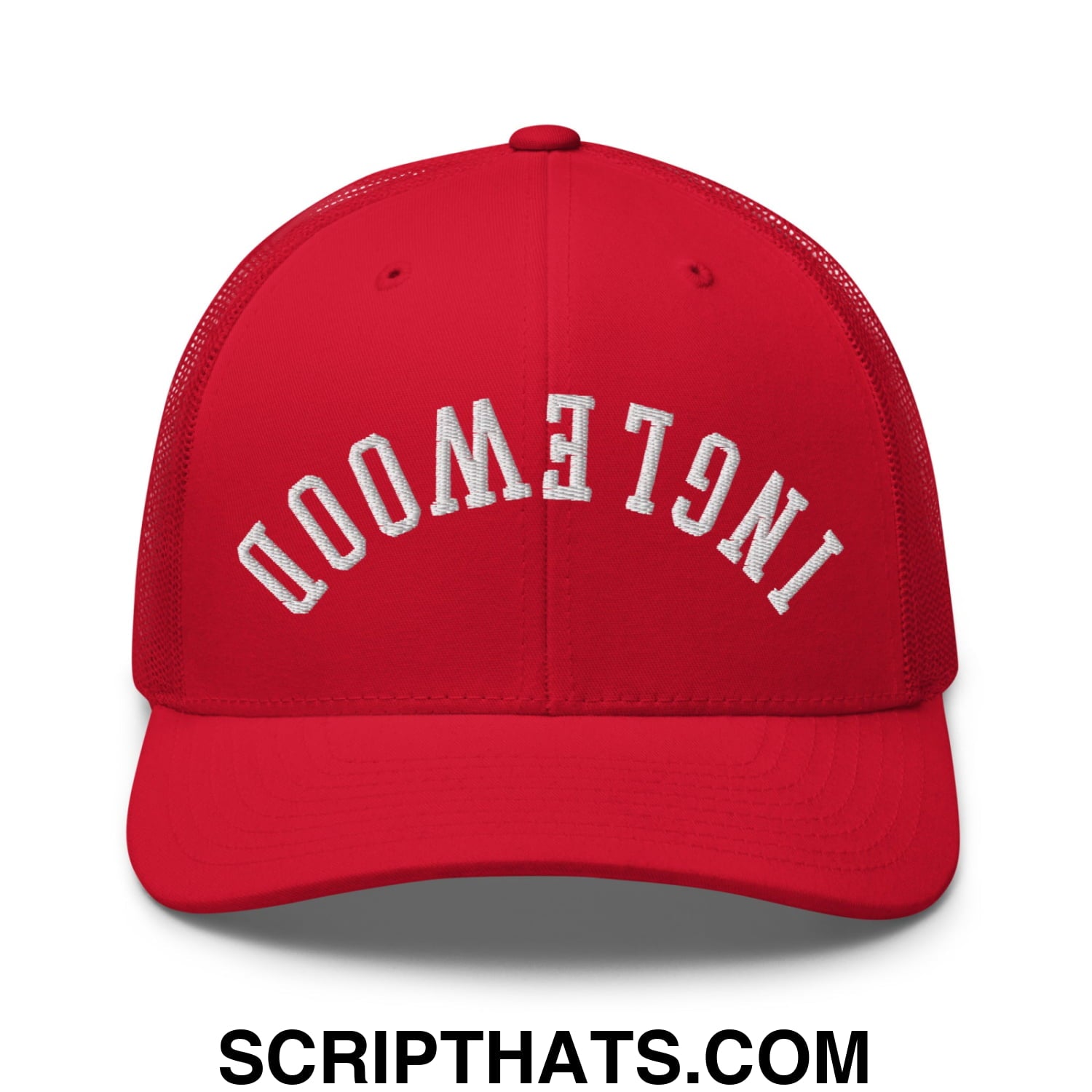 Upside Down Inglewood Embroidered Mesh Trucker Hat Red