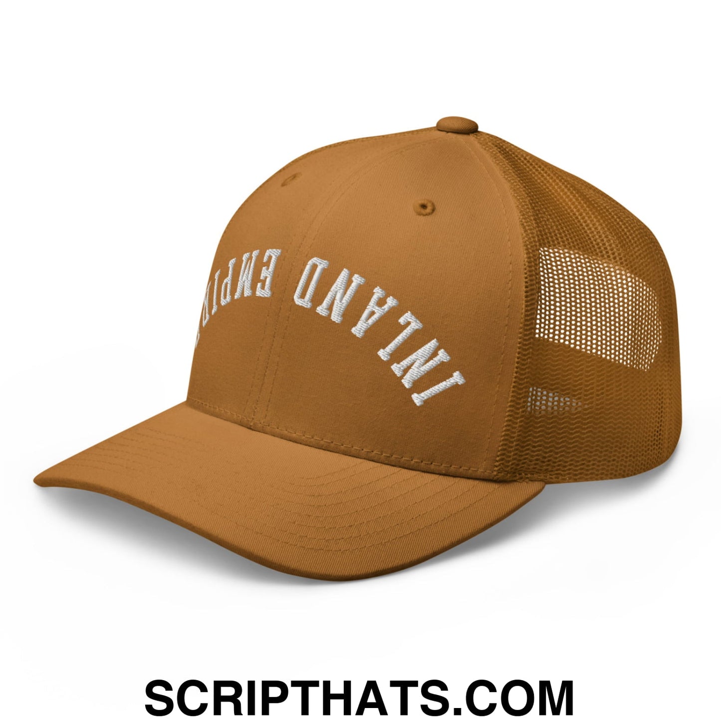 Upside Down Inland Empire Embroidered Mesh Trucker Hat Caramel