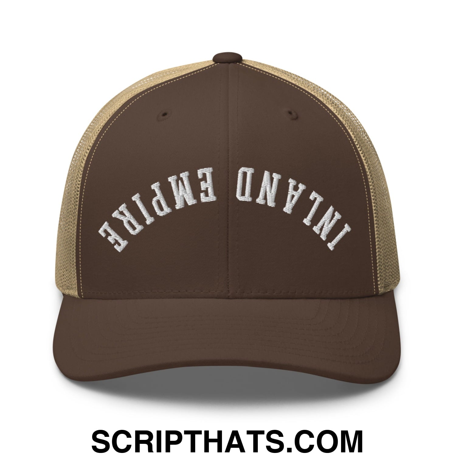 Upside Down Inland Empire Embroidered Mesh Trucker Hat Brown Khaki