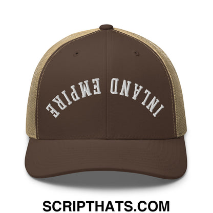 Upside Down Inland Empire Embroidered Mesh Trucker Hat Brown Khaki