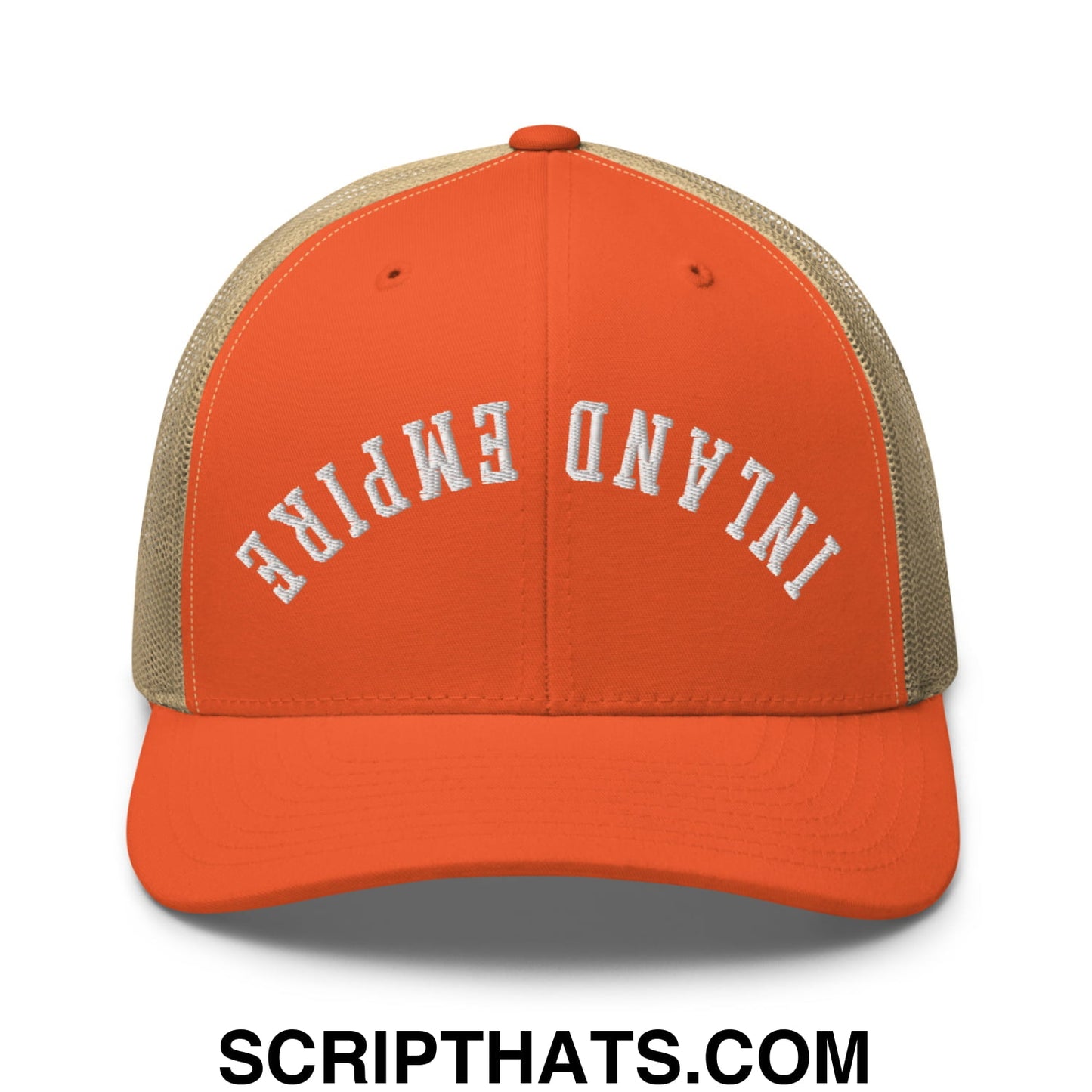 Upside Down Inland Empire Embroidered Mesh Trucker Hat Rustic Orange Khaki