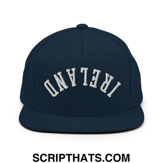 Navy blue snapback hat with white arched ireland embroidery and flat bill brim for casual wear
