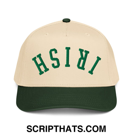 Beige and dark green upside down irish embroidered baseball snapback hat with bold green lettering across front
