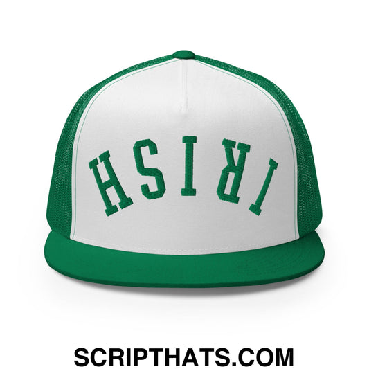 Green and white mesh trucker hat with upside down irish embroidered in bold green on flat bill brim