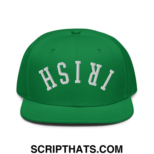Green snapback hat with white embroidered irish lettering in classic arch design and flat bill brim