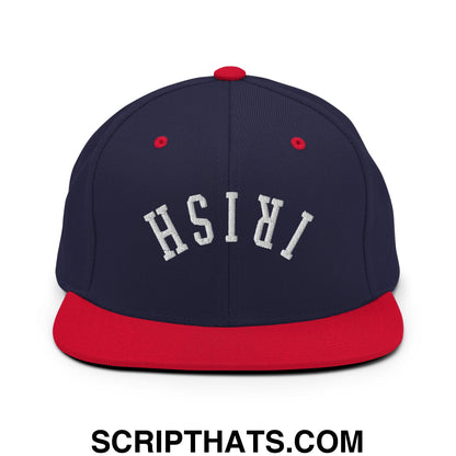 Upside Down Irish Embroidered Flat Bill Brim Snapback Hat Navy Red