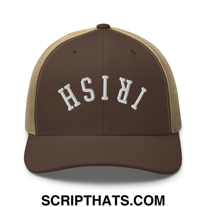 Upside Down Irish Embroidered Mesh Trucker Hat Brown Khaki