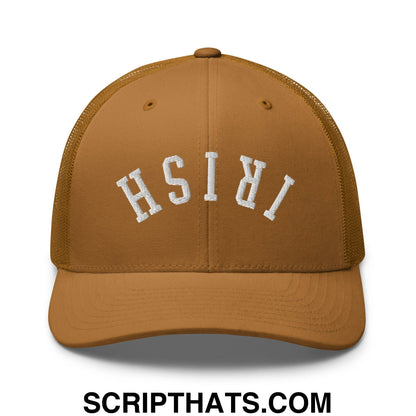 Upside Down Irish Embroidered Mesh Trucker Hat Caramel