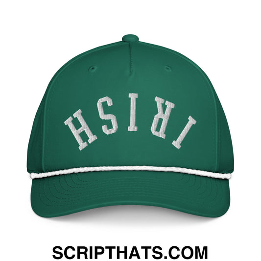 Deep green upside down Irish embroidered rope hat with white embroidered lettering and contrasting white stitched brim