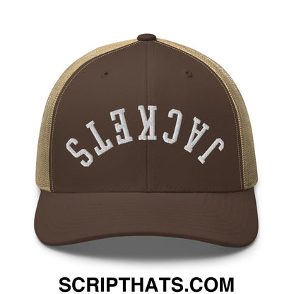 Upside Down Jackets Embroidered Mesh Trucker Hat Brown Khaki