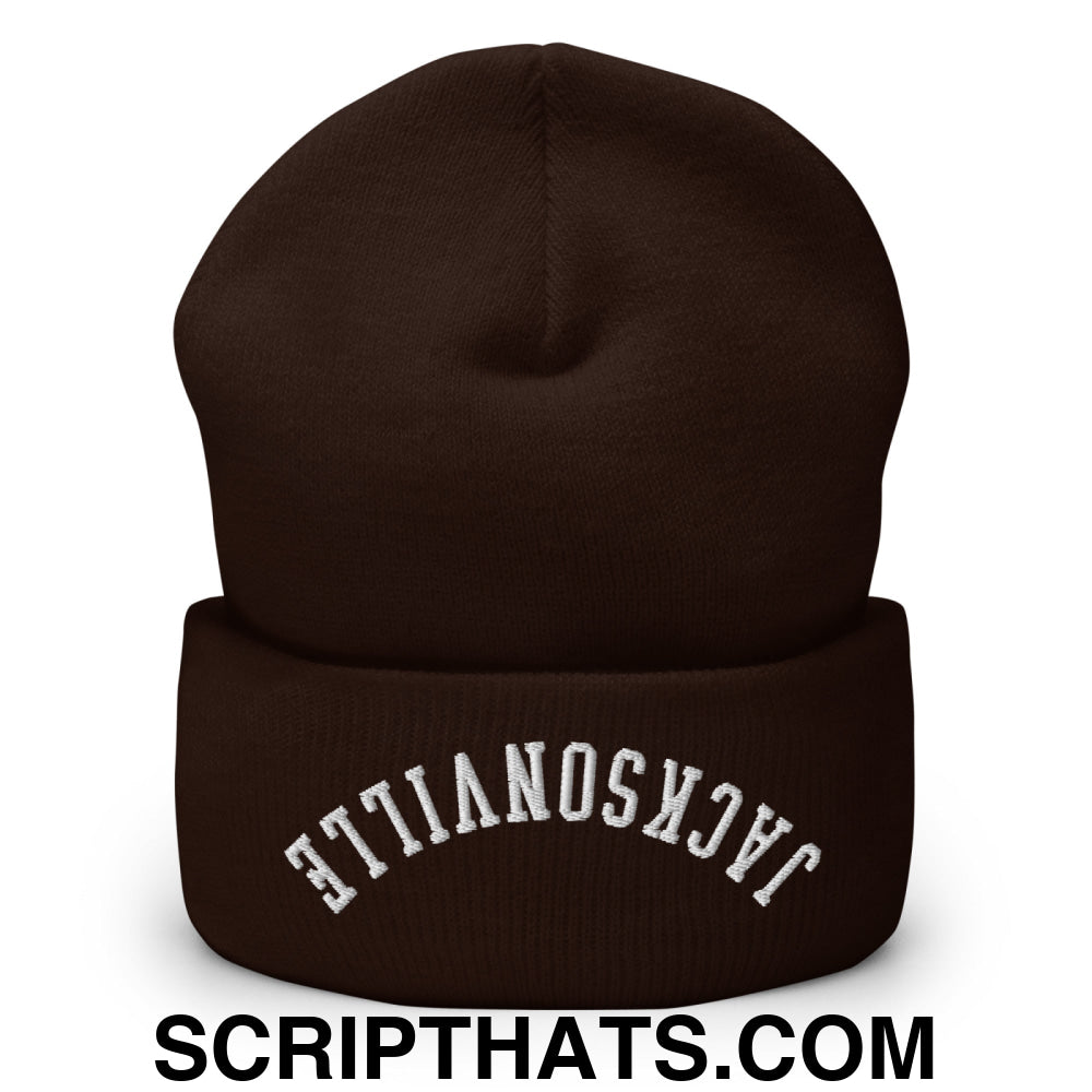 Upside Down Jacksonville Embroidered Cuffed Knit Beanie Brown