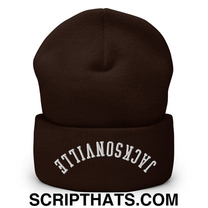 Upside Down Jacksonville Embroidered Cuffed Knit Beanie Brown