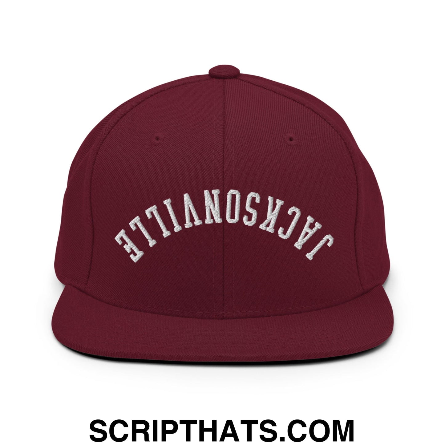 Upside Down Jacksonville Embroidered Flat Bill Brim Snapback Hat Maroon