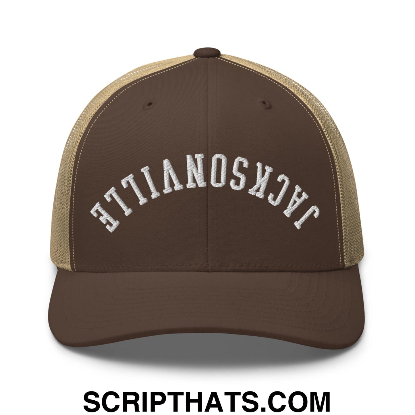 Upside Down Jacksonville Embroidered Mesh Trucker Hat Brown Khaki