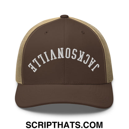 Upside Down Jacksonville Embroidered Mesh Trucker Hat Brown Khaki
