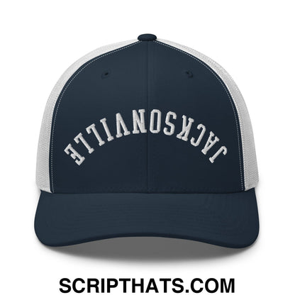 Upside Down Jacksonville Embroidered Mesh Trucker Hat Navy White