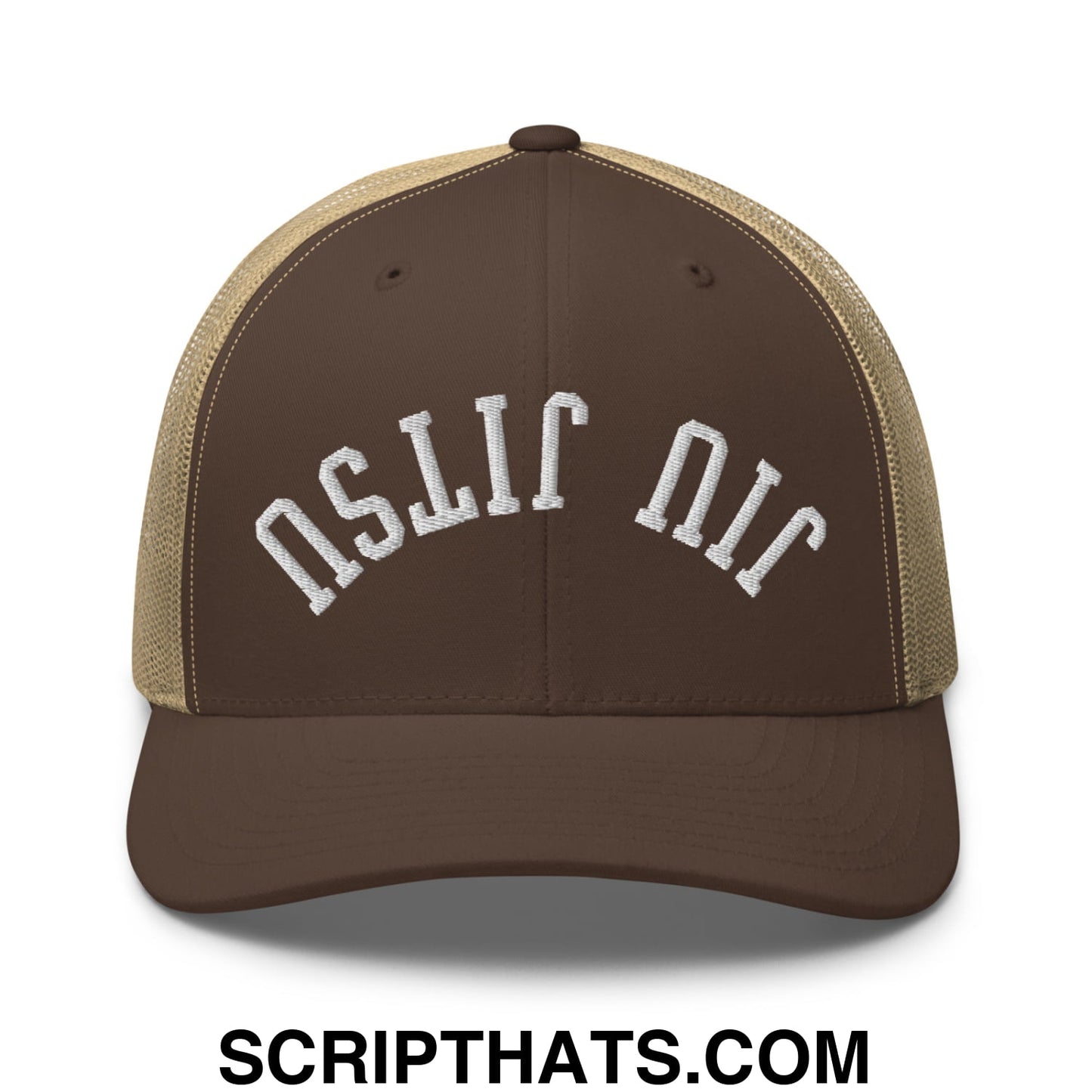 Upside Down Jiu Jitsu Embroidered Mesh Trucker Hat Brown Khaki