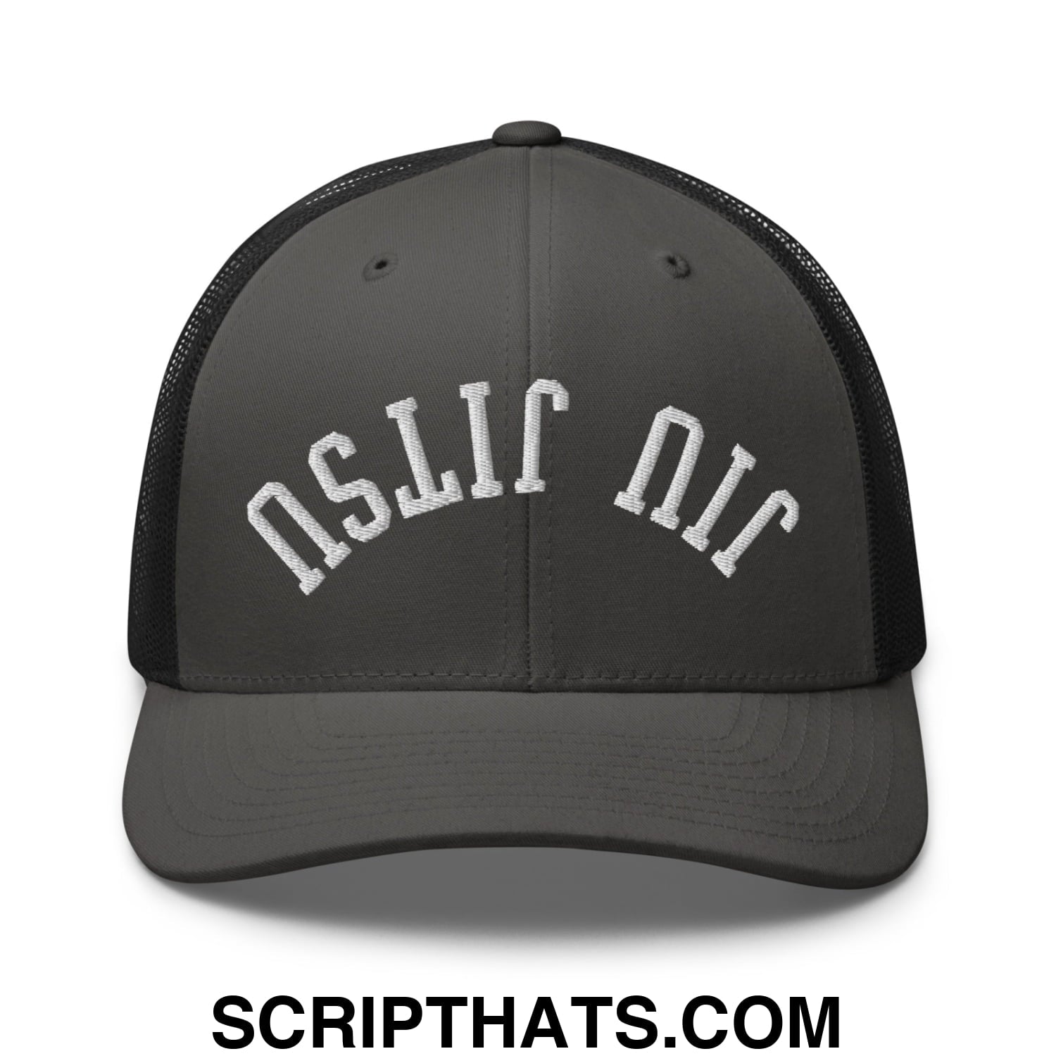 Upside Down Jiu Jitsu Embroidered Mesh Trucker Hat Charcoal Black