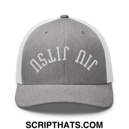 Upside Down Jiu Jitsu Embroidered Mesh Trucker Hat Heather Grey White