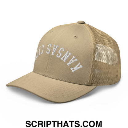 Upside Down Kansas City Embroidered Classic Mesh Trucker Hat Khaki