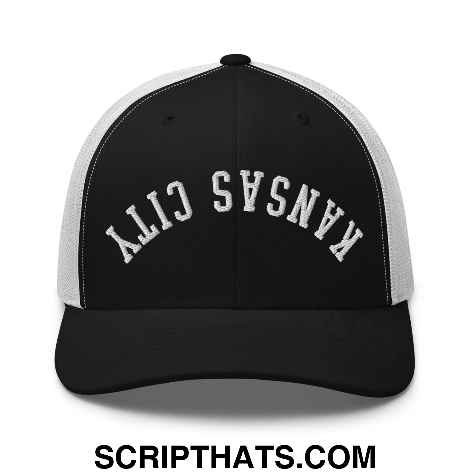 Upside Down Kansas City Embroidered Classic Mesh Trucker Hat Black White