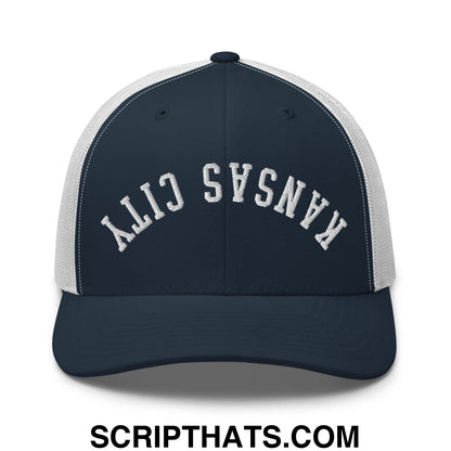 Upside Down Kansas City Embroidered Classic Mesh Trucker Hat Navy White