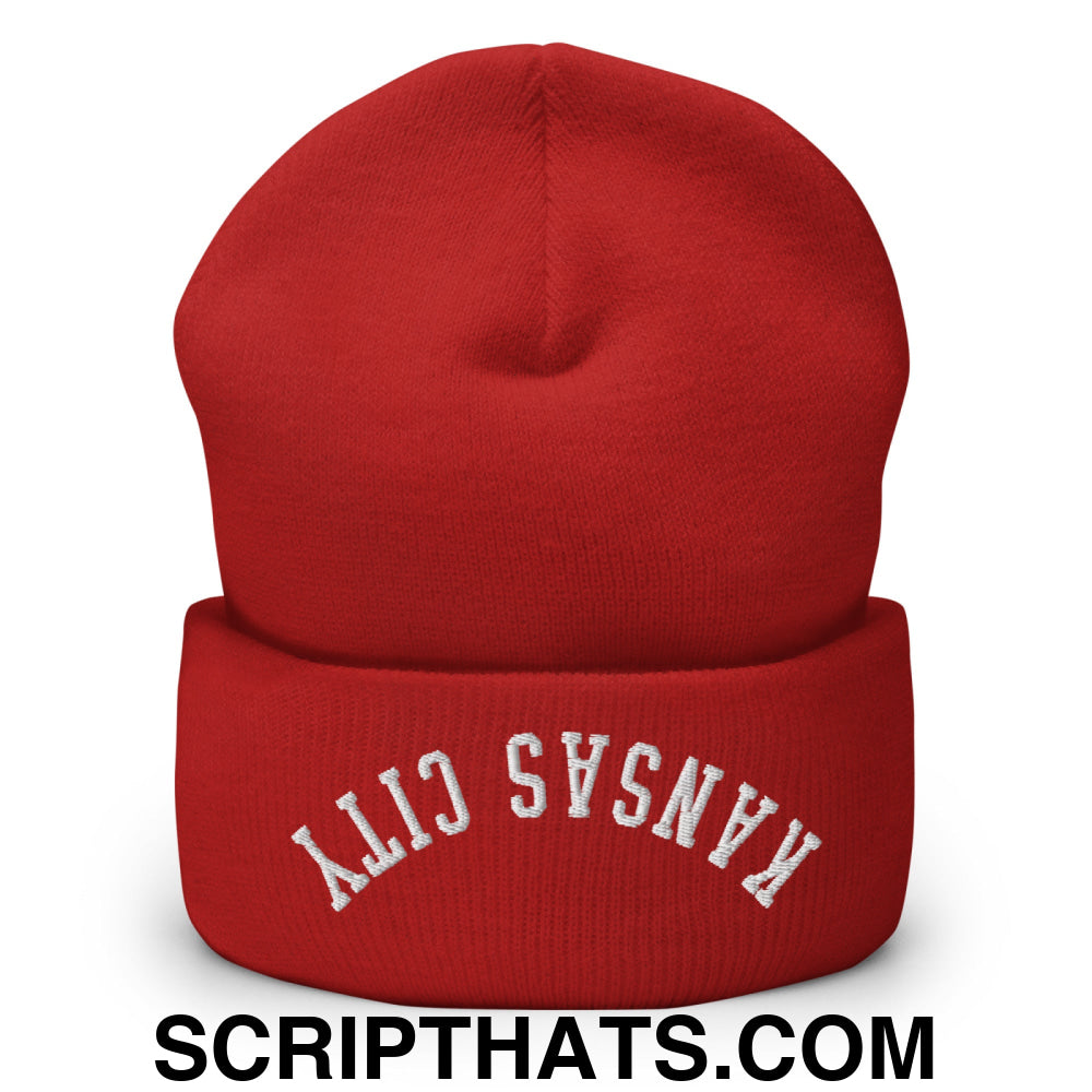 Upside Down Kansas City Embroidered Cuffed Knit Beanie Red