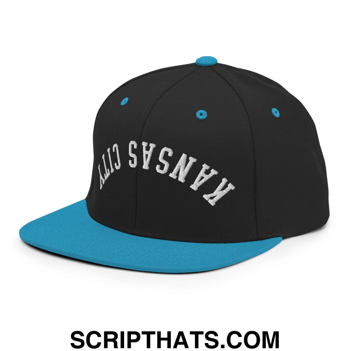 Upside Down Kansas City Embroidered Flat Brim Bill Snapback Hat Black Teal