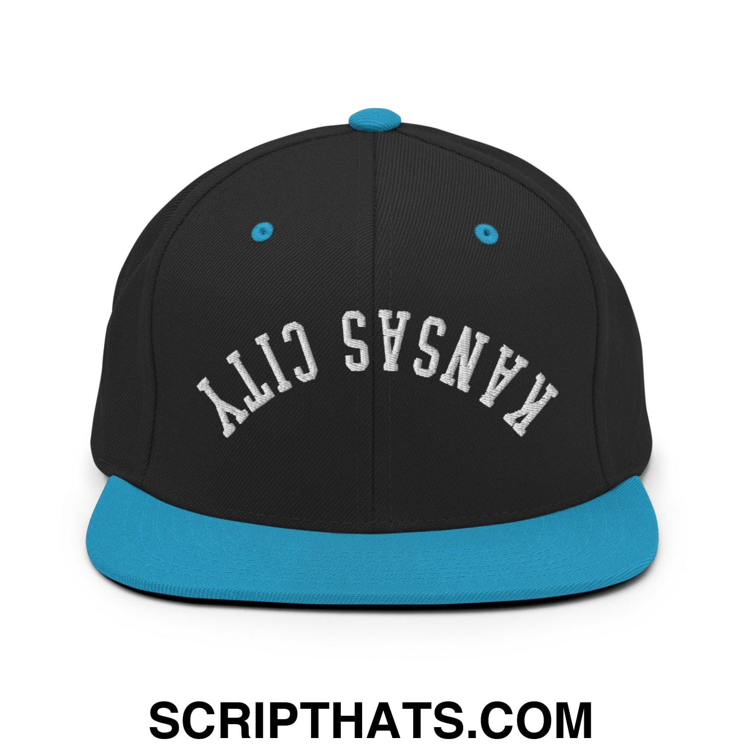 Upside Down Kansas City Embroidered Flat Brim Bill Snapback Hat Black Teal