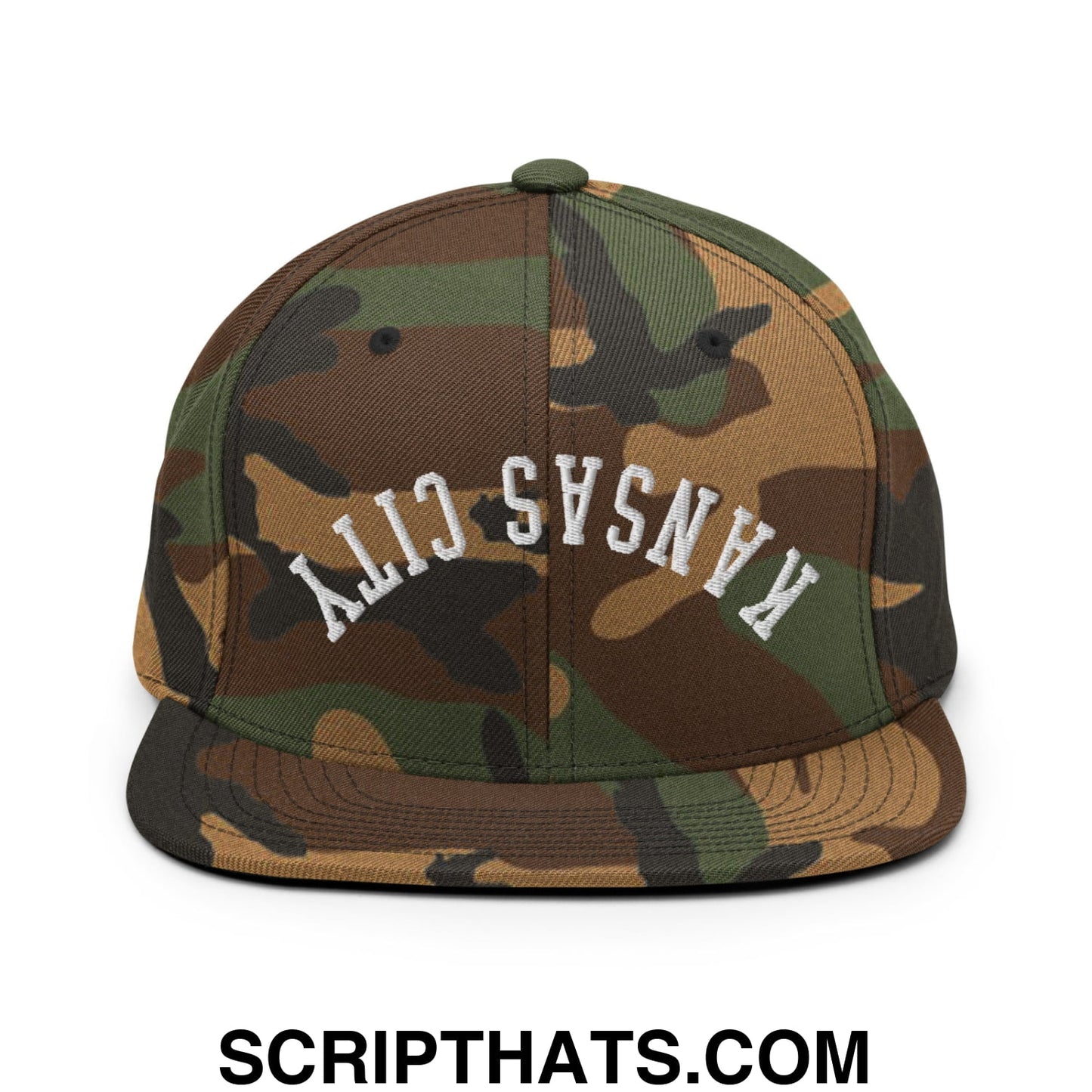 Upside Down Kansas City Embroidered Flat Brim Bill Snapback Hat Green Camo