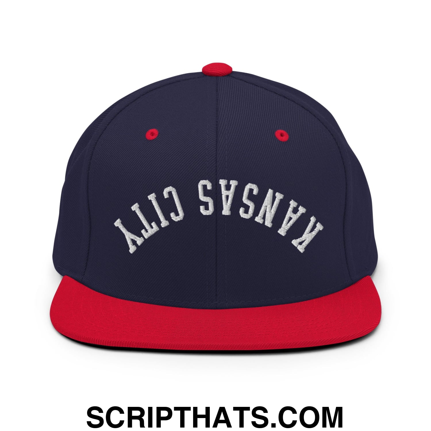 Upside Down Kansas City Embroidered Flat Brim Bill Snapback Hat Navy Red