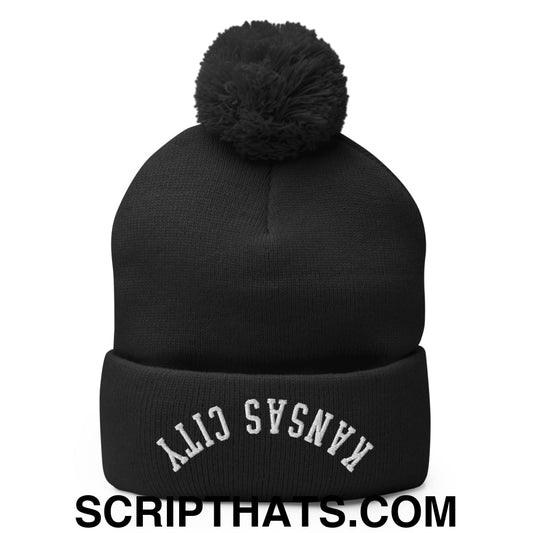 Upside Down Kansas City Embroidered Pom Pom Knit Beanie Black