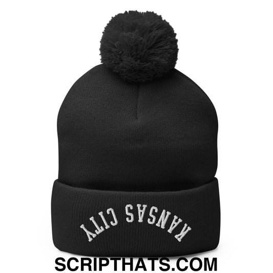 Upside Down Kansas City Embroidered Pom Pom Knit Beanie Black