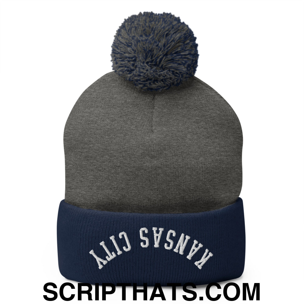 Upside Down Kansas City Embroidered Pom Pom Knit Beanie Dark Heather Grey Navy