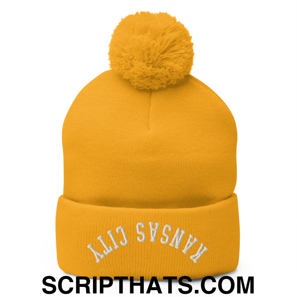 Upside Down Kansas City Embroidered Pom Pom Knit Beanie Gold