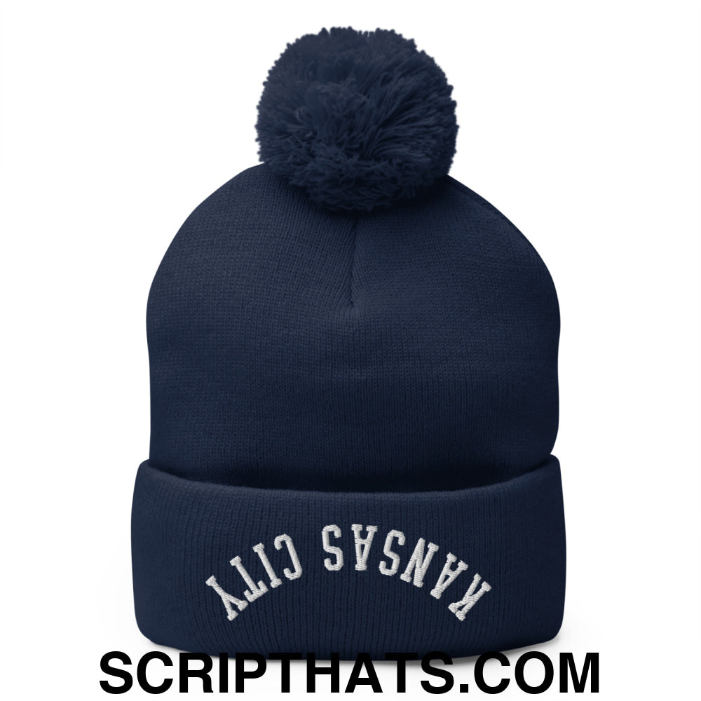 Upside Down Kansas City Embroidered Pom Pom Knit Beanie Navy
