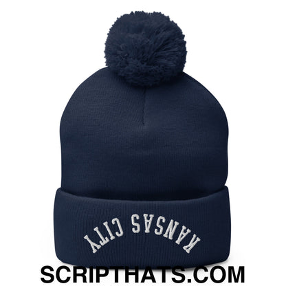 Upside Down Kansas City Embroidered Pom Pom Knit Beanie Navy