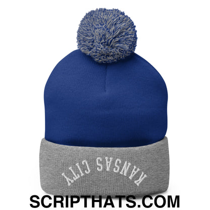 Upside Down Kansas City Embroidered Pom Pom Knit Beanie Royal Heather Grey