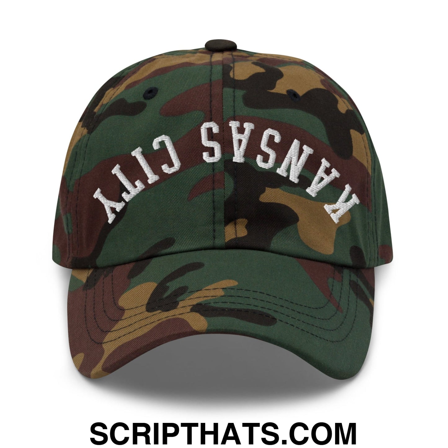 Upside Down Kansas City Embroidered Unstructured Cotton Dad Hat Green Camo