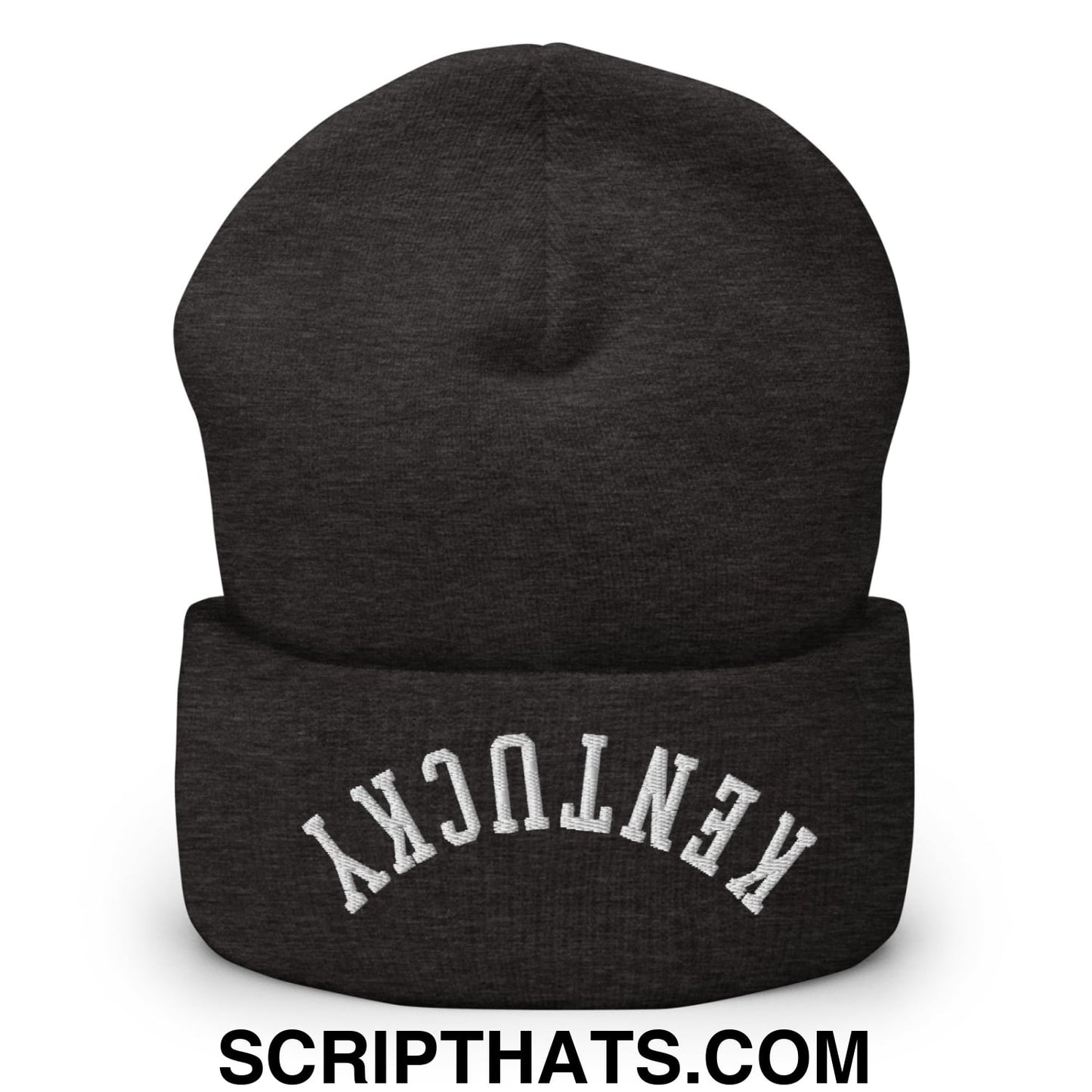 Upside Down Kentucky Embroidered Cuffed Knit Beanie Dark Grey