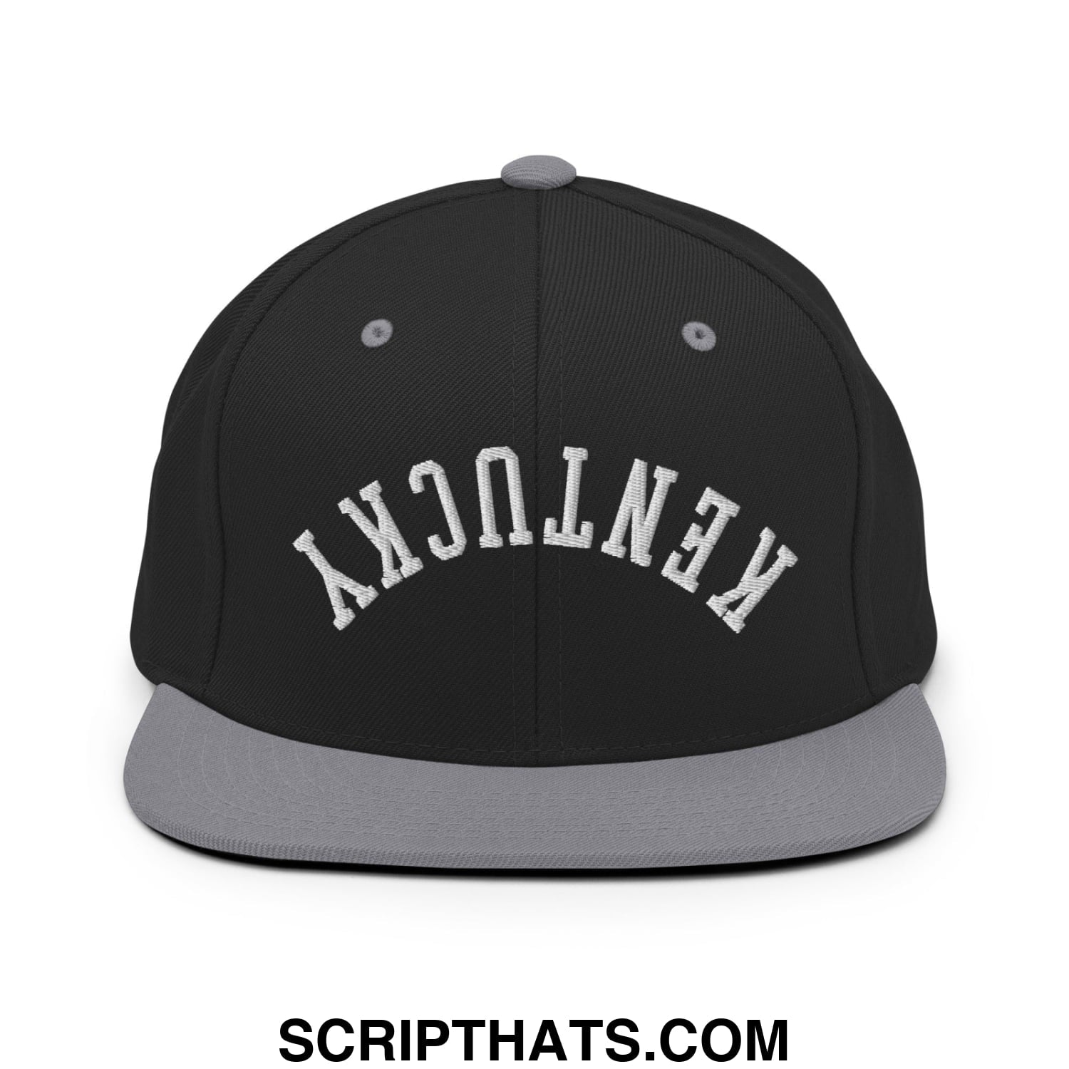 Upside Down Kentucky Embroidered Flat Bill Brim Snapback Hat Black Silver