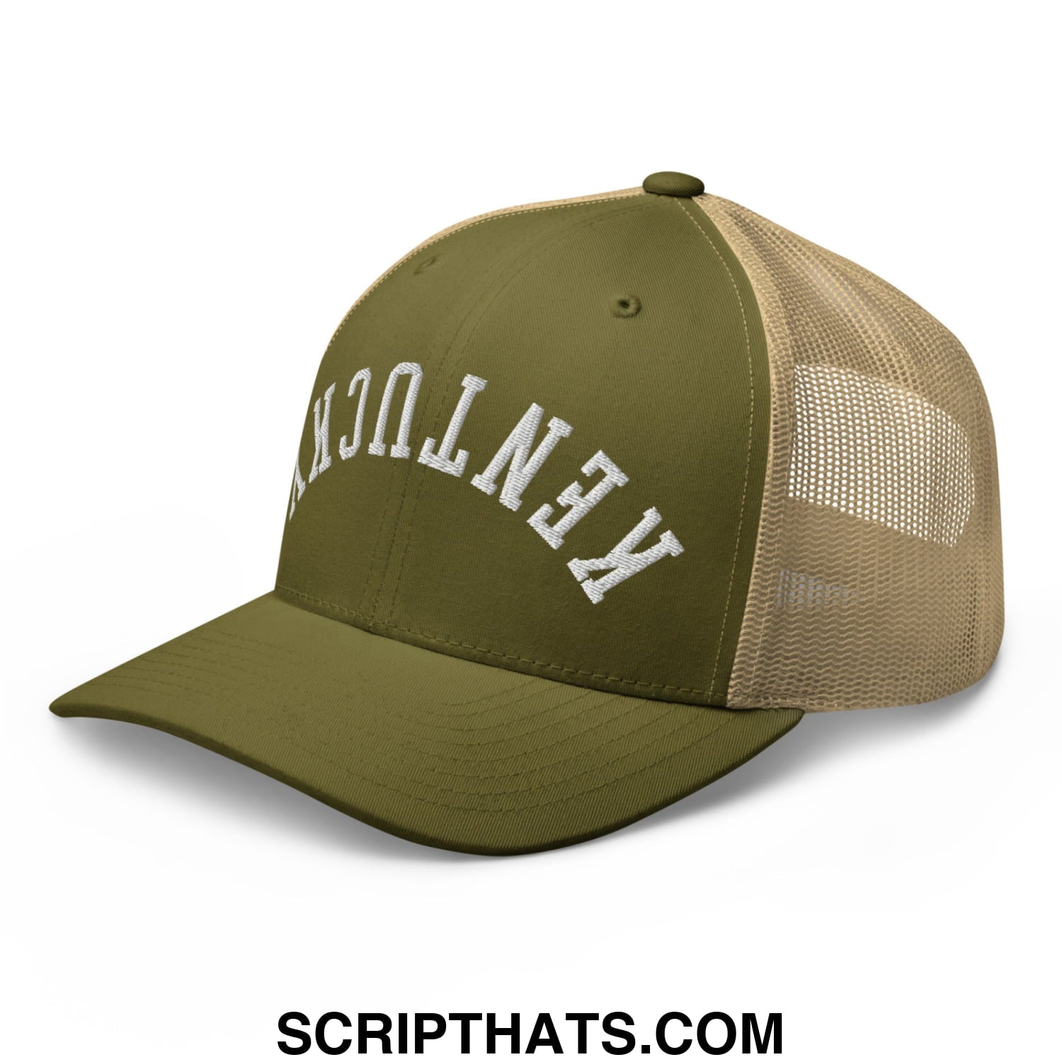 Upside Down Kentucky Embroidered Mesh Trucker Hat Moss Khaki