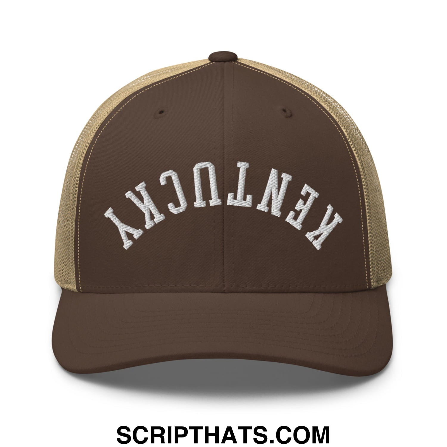 Upside Down Kentucky Embroidered Mesh Trucker Hat Brown Khaki