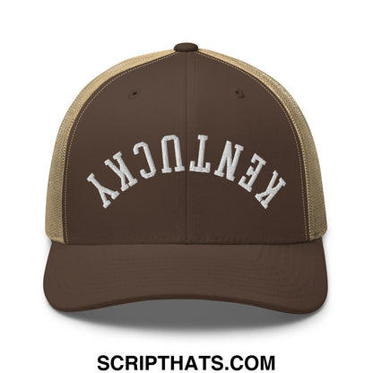 Upside Down Kentucky Embroidered Mesh Trucker Hat Brown Khaki