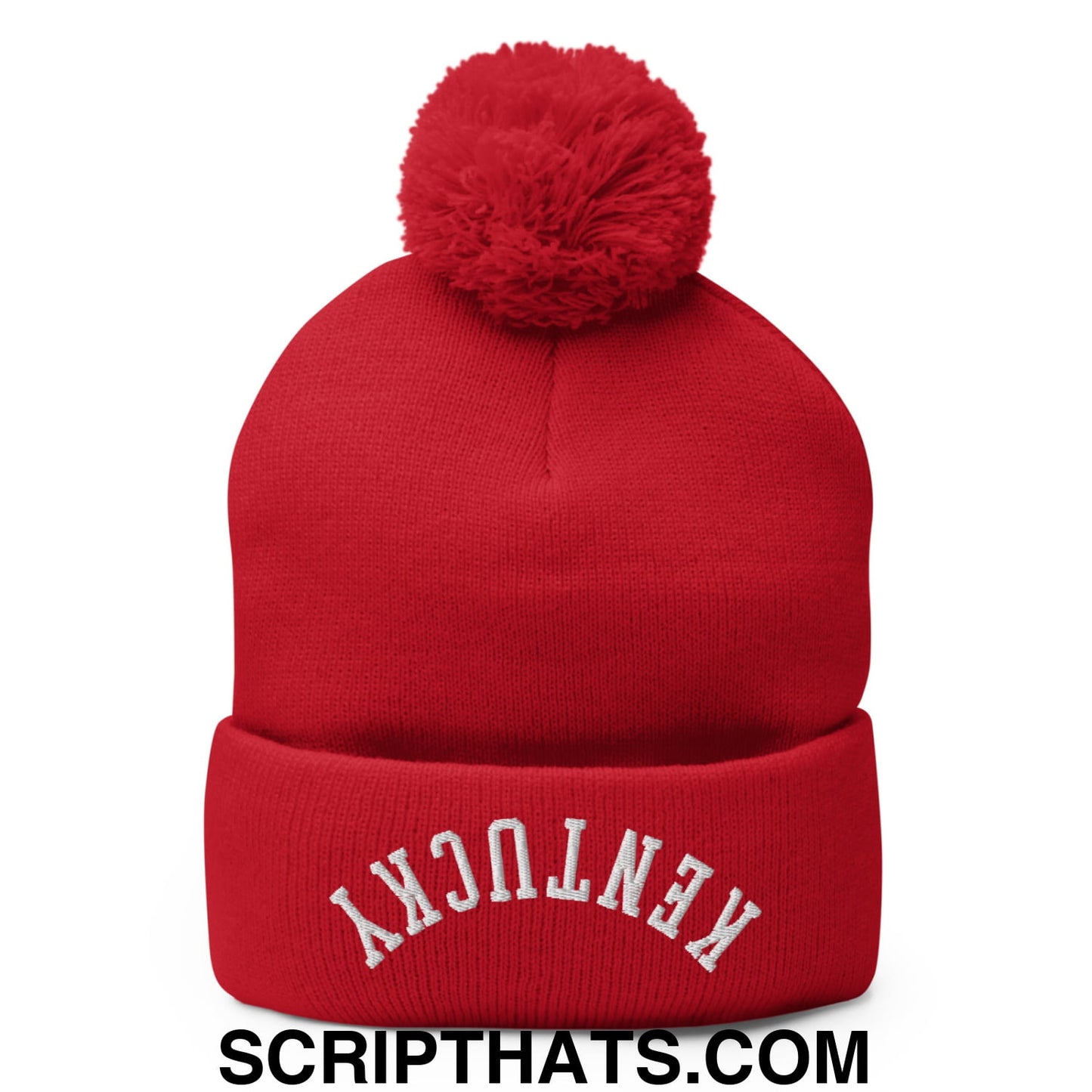 Upside Down Kentucky Embroidered Pom Pom Knit Beanie Red